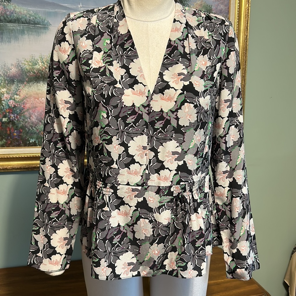 Rebecca Taylor 100% Silk Pink Gray Black Green V Neck Floral Blouse
